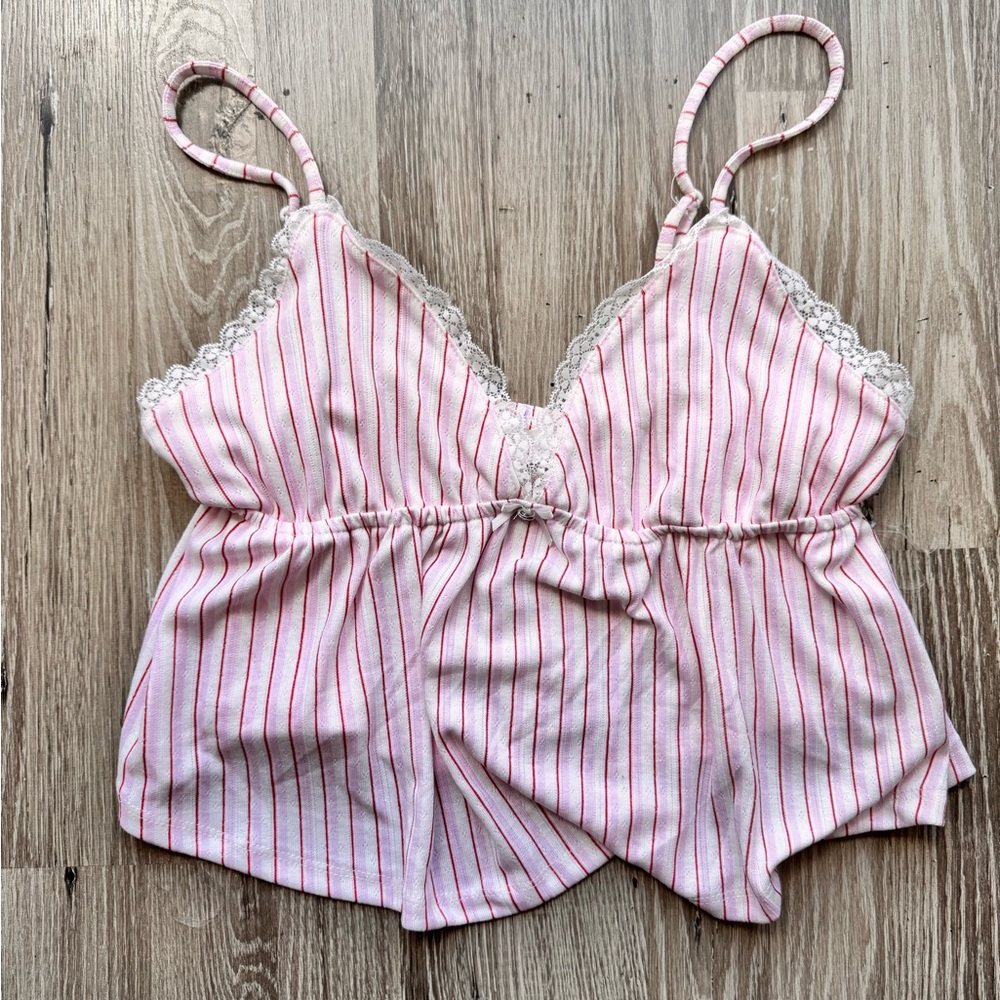 Pink Rose Lace Trim Striped Chemise